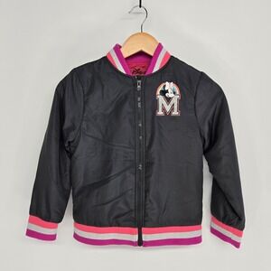 Disney Bomber Jacket Girls Size M 7-8 Black Minnie Mouse Unicorn Varsity Zip Up